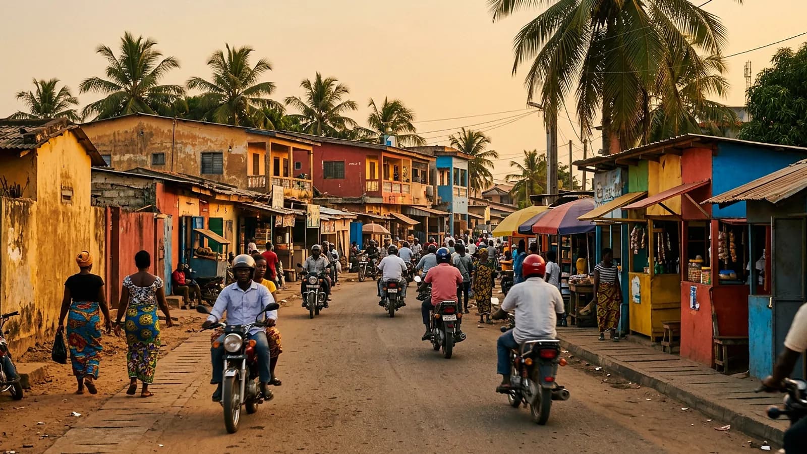 Rue animée d'un quartier de Cotonou en fin d'après-midi