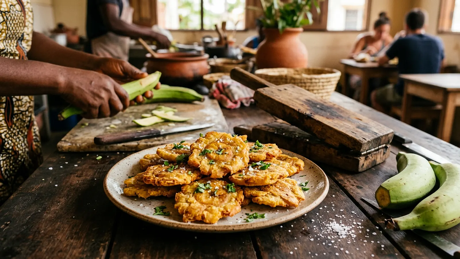 Bananes plantain pesées dorées et croustillantes dans une assiette