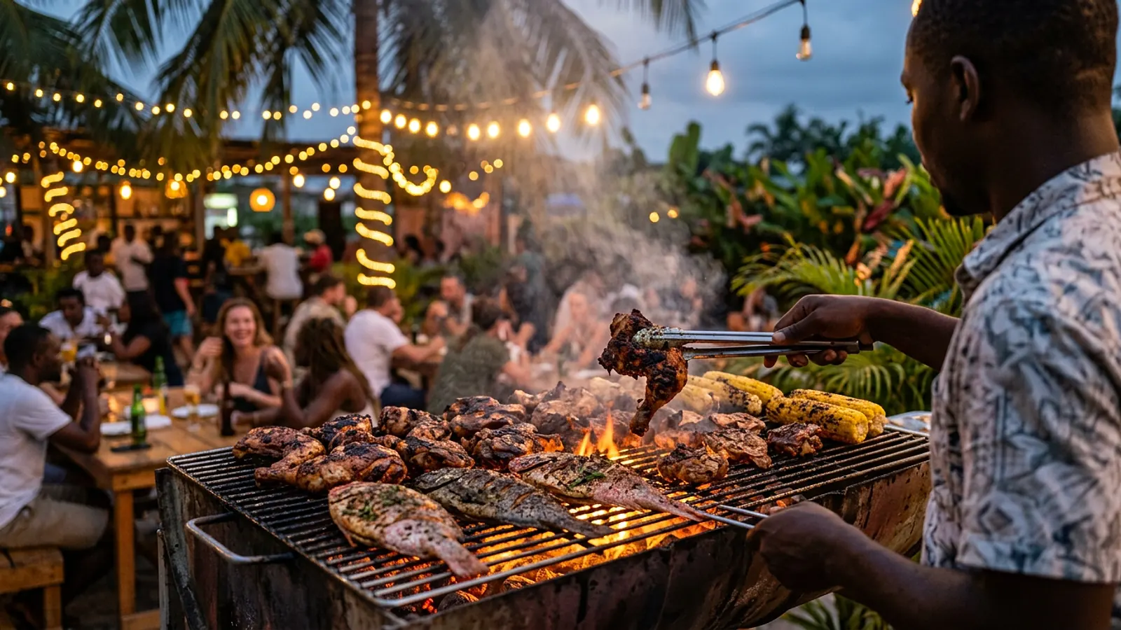 Grillades caribéennes sur le barbecue en soirée avec lumières festives