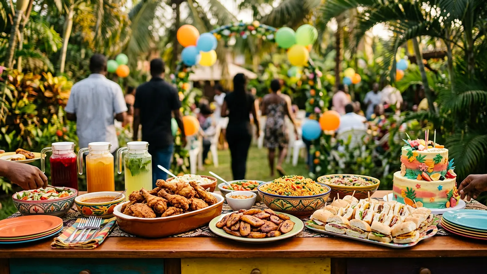 Buffet de fête familiale avec plats caribéens, plantain et jus de fruits