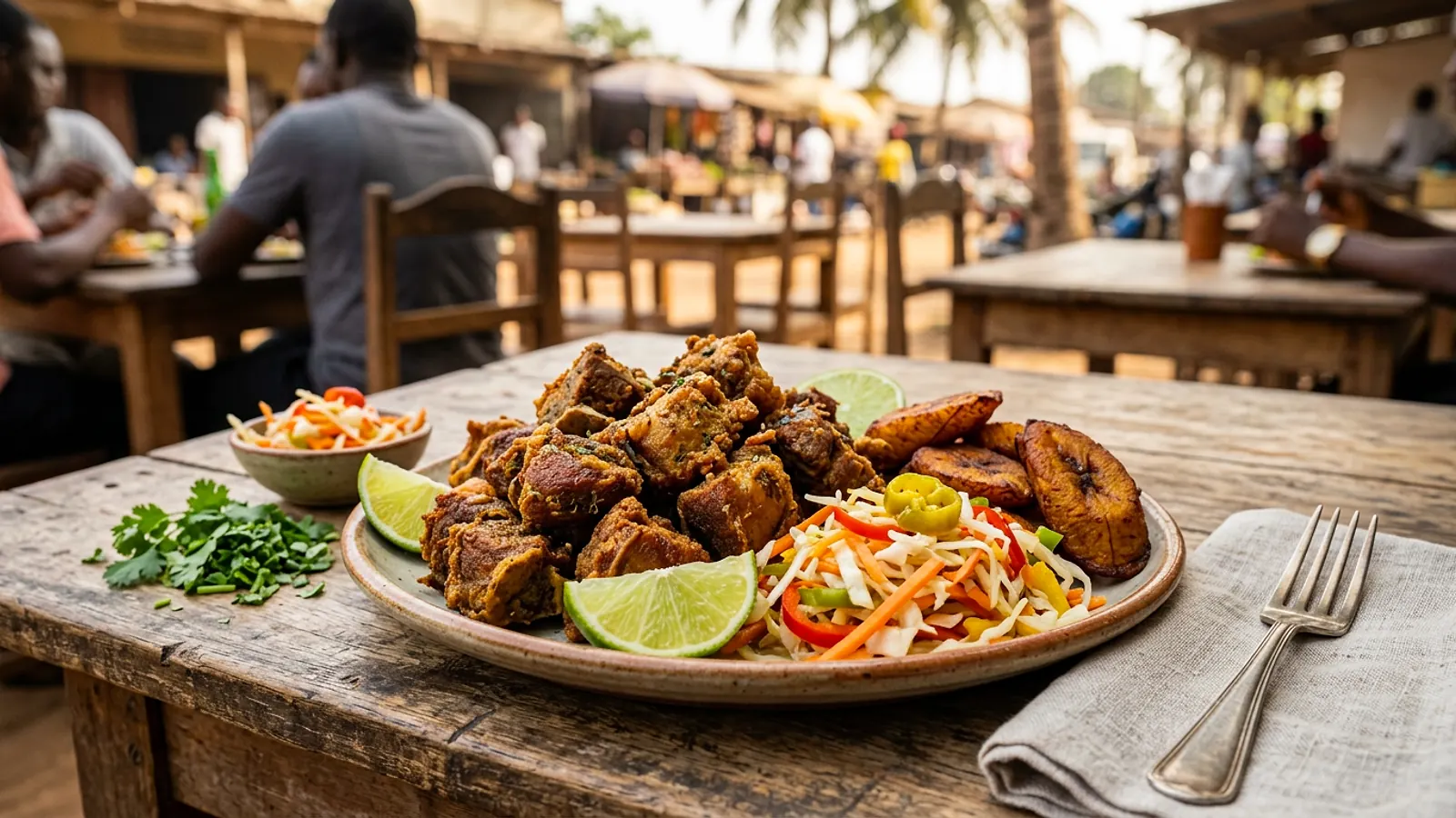 Morceaux de cabri frit doré, plat haïtien, avec bananes pesées