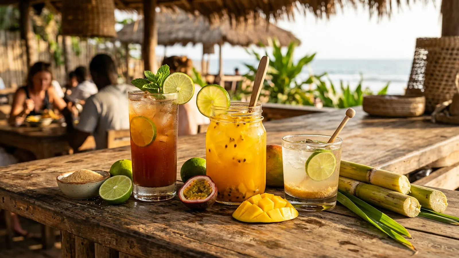 Cocktails caribéens colorés au rhum et jus de fruits frais