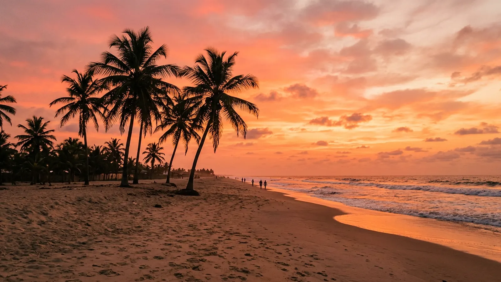 Coucher de soleil sur la plage de Cotonou avec cocotiers