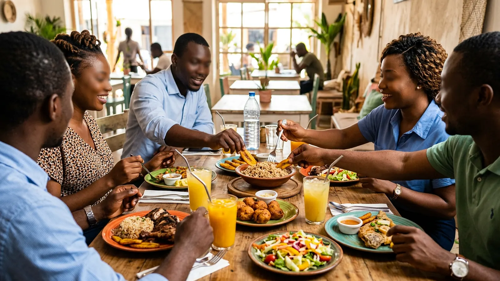 Collègues partageant un déjeuner caribéen autour d'une table lumineuse