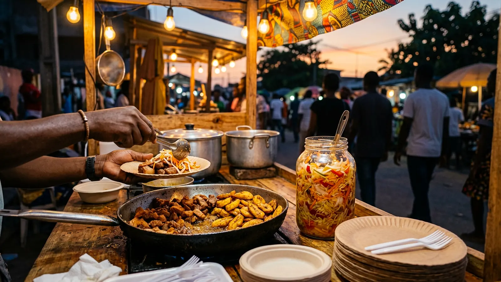 Assiette de fritay haïtien : viande frite, bananes pesées, pikliz et riz