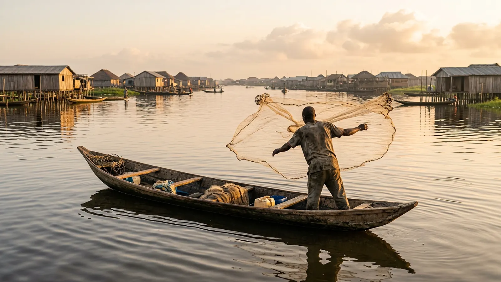 Maisons sur pilotis et pirogues sur le lac Nokoué à Ganvié