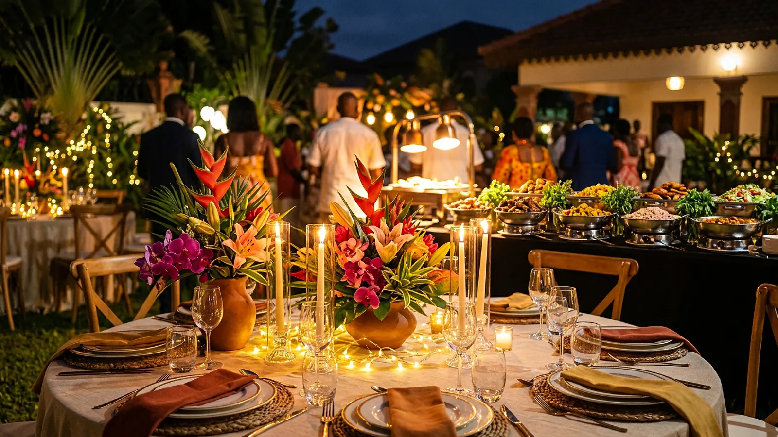 Table de mariage décorée avec buffet de plats caribéens en soirée
