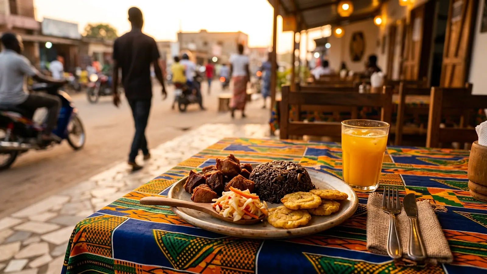 Table d'un restaurant à Akpakpa, Cotonou, avec plats caribéens et jus frais