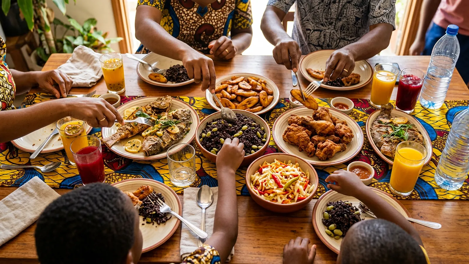 Déjeuner du dimanche en famille autour d'une table garnie de plats caribéens