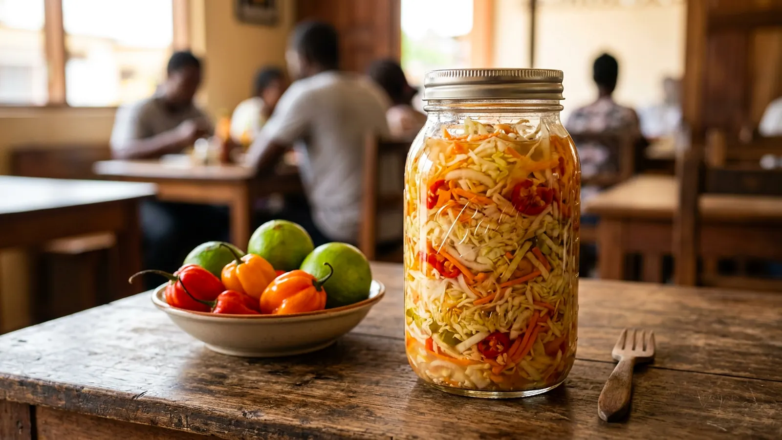 Bocal de pikliz haïtien au chou, carottes et piments