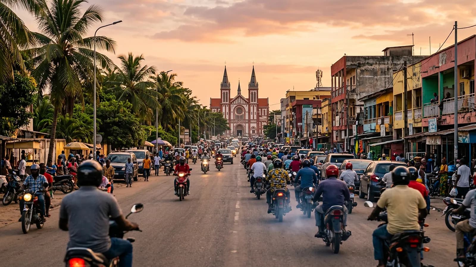 Vue animée de Cotonou avec motos, palmiers et ciel du soir