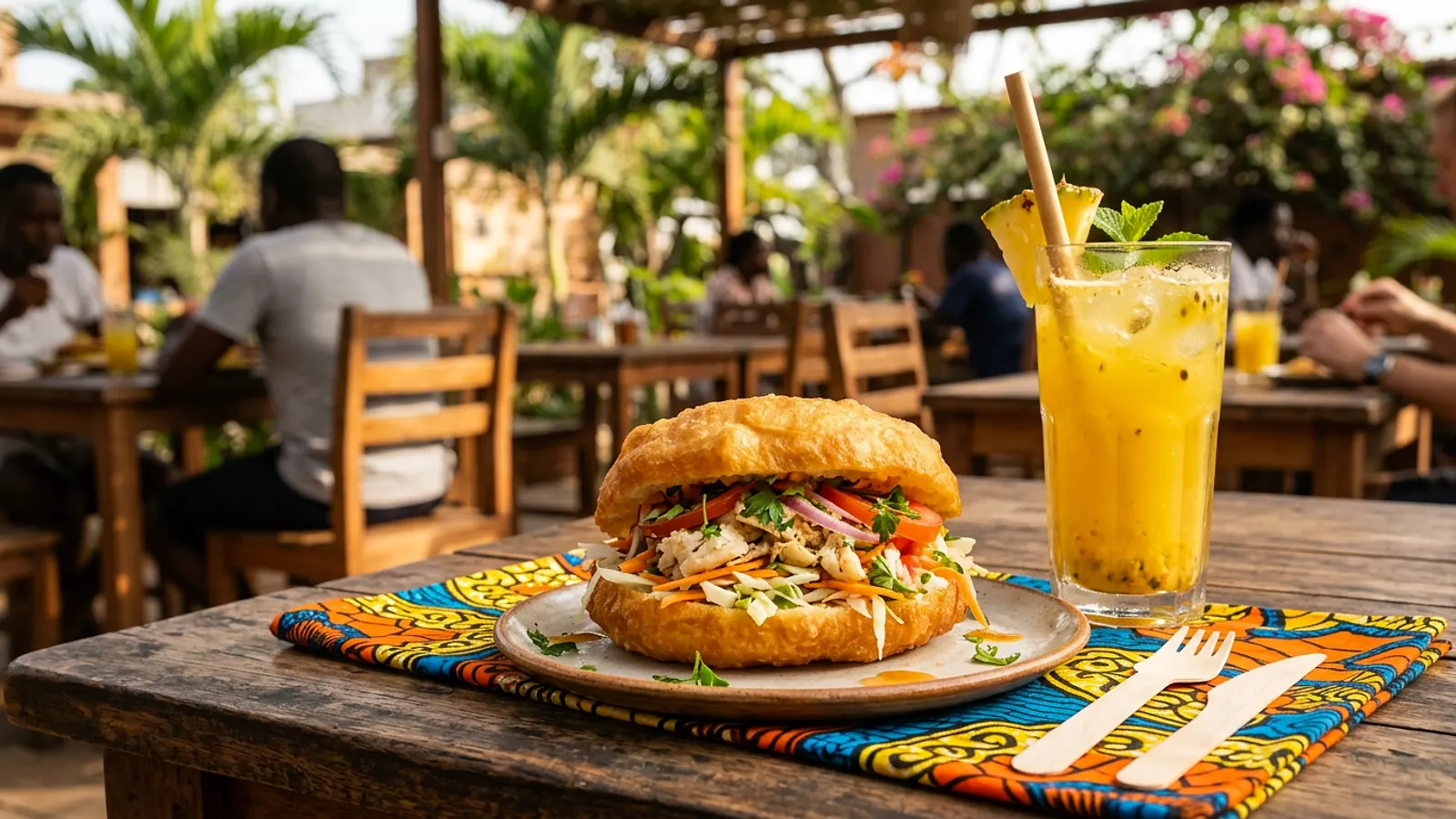 Bokit guadeloupéen garni et cocktail tropical sur une table en bois