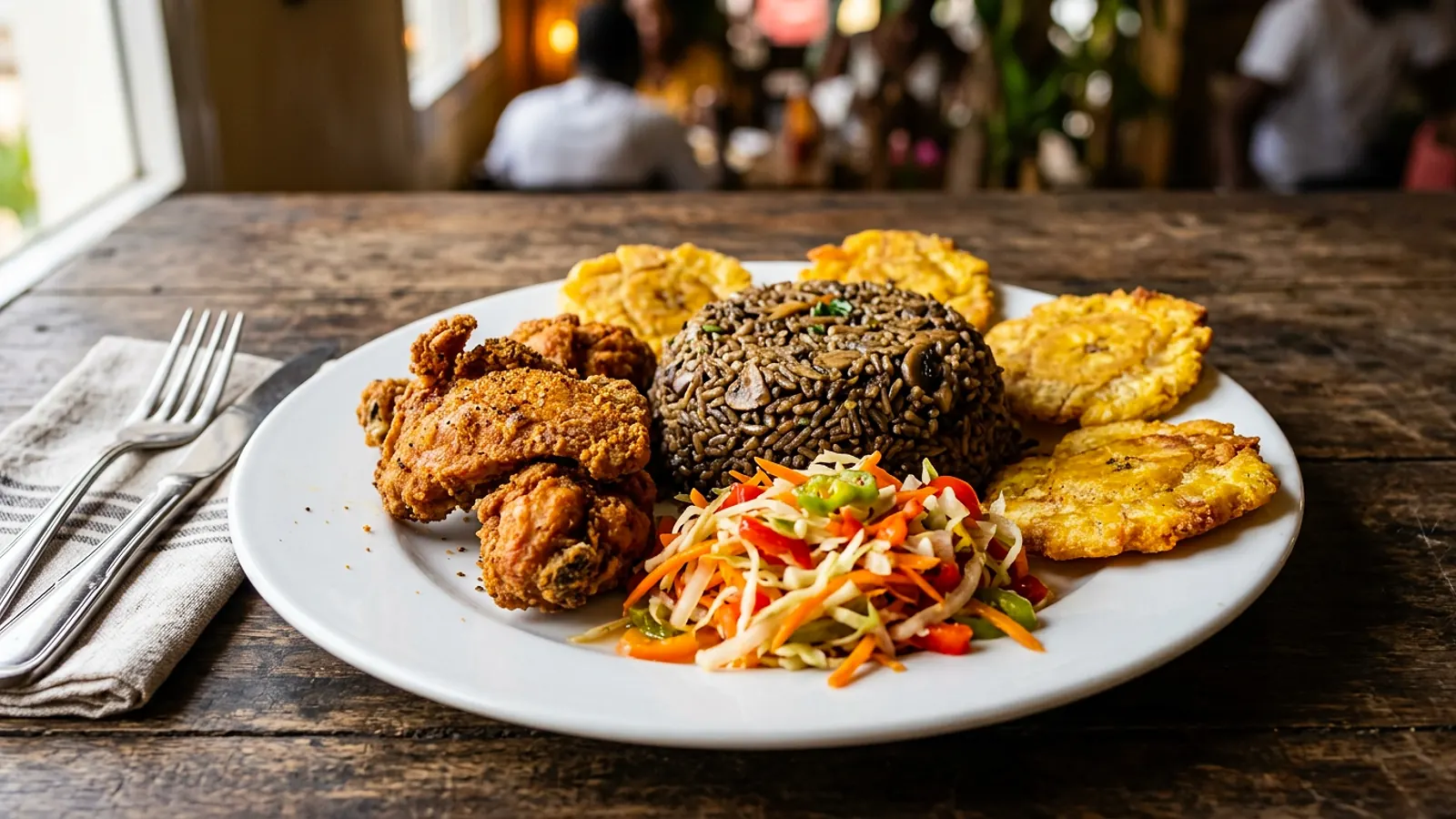 Assiette de fritay haïtien avec riz djondjon, pikliz et bananes pesées