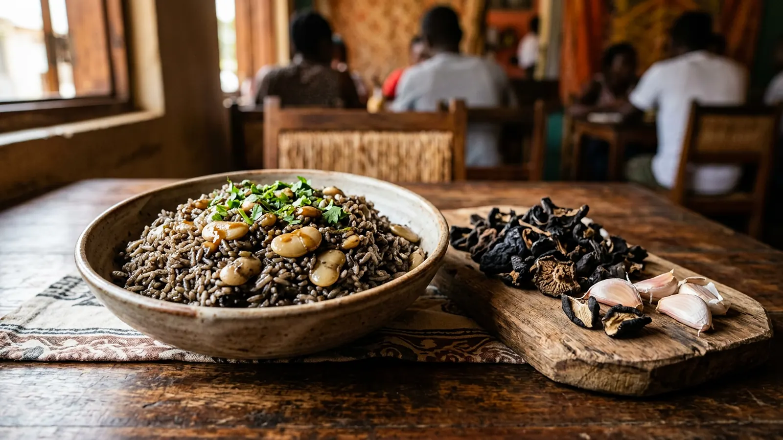Bol de riz djondjon noir aux haricots, plat traditionnel haïtien