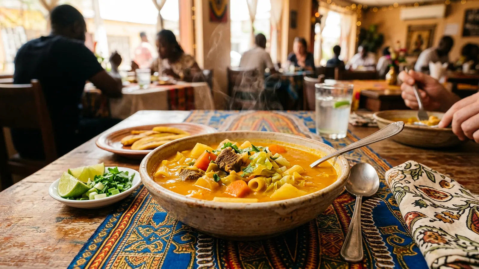 Bol de soupe joumou au giraumon, légumes et viande