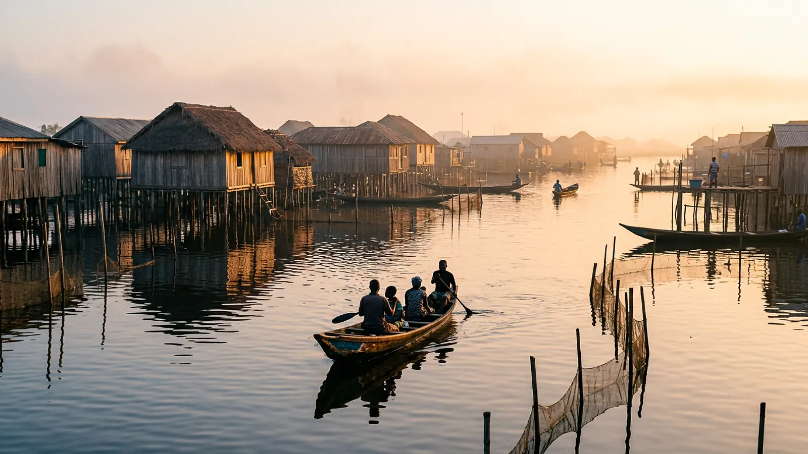 Village lacustre sur pilotis et pirogues au Bénin au lever du jour