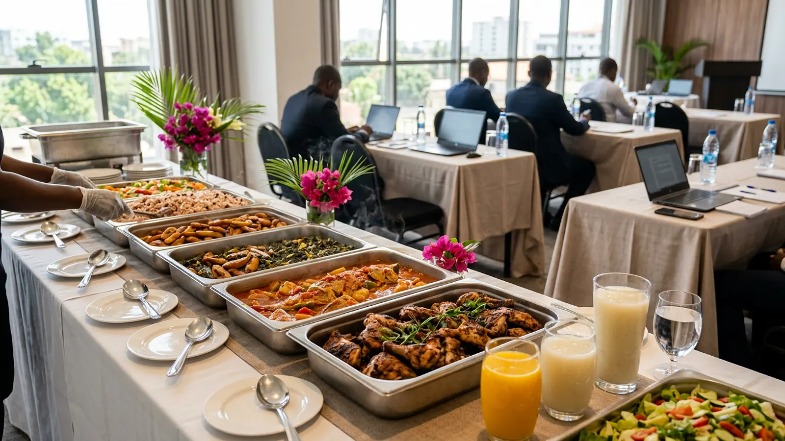 Pause déjeuner d'un séminaire d'entreprise avec buffet caribéen