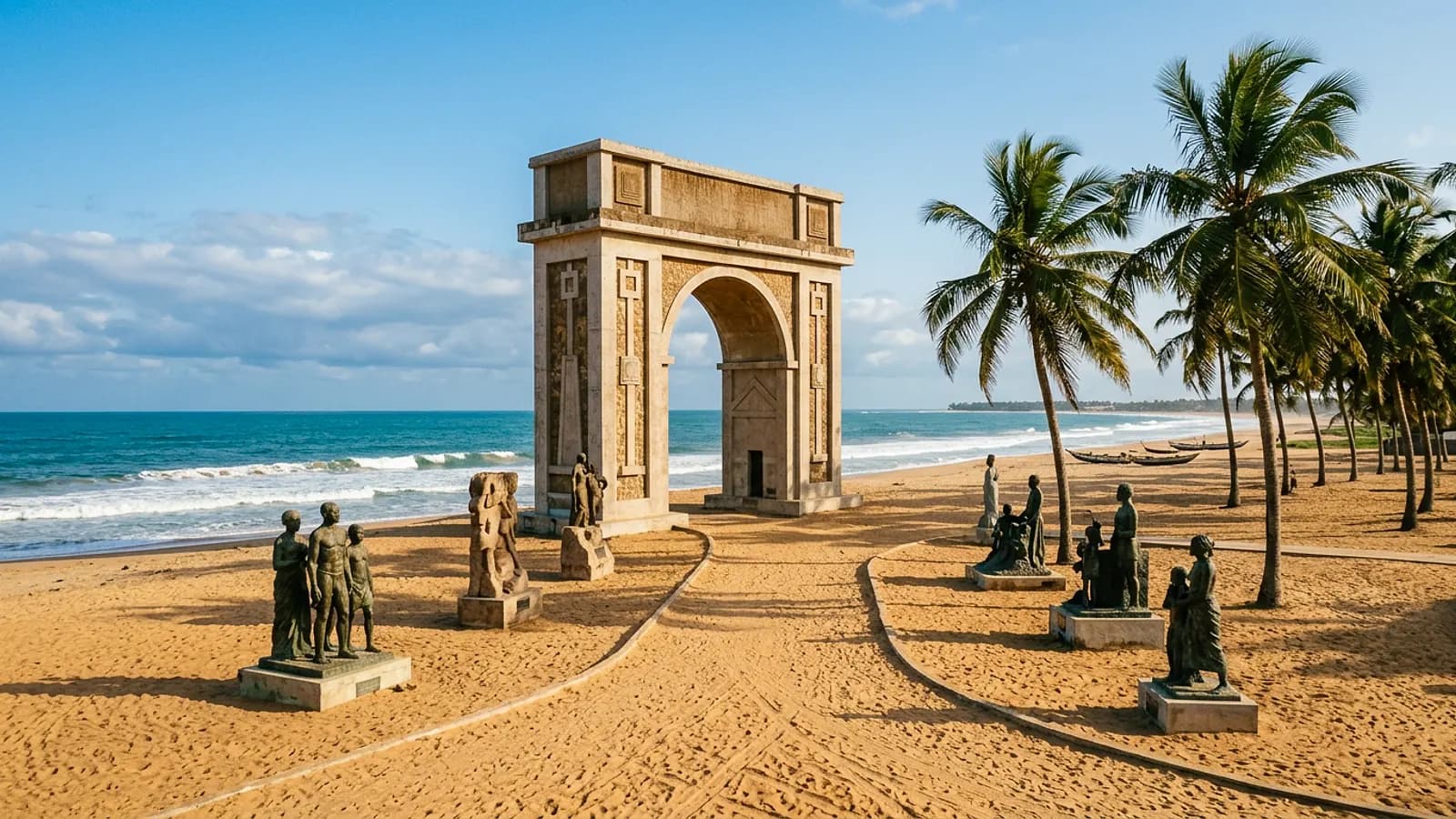 Monument en arche face à l'océan sur la plage de Ouidah
