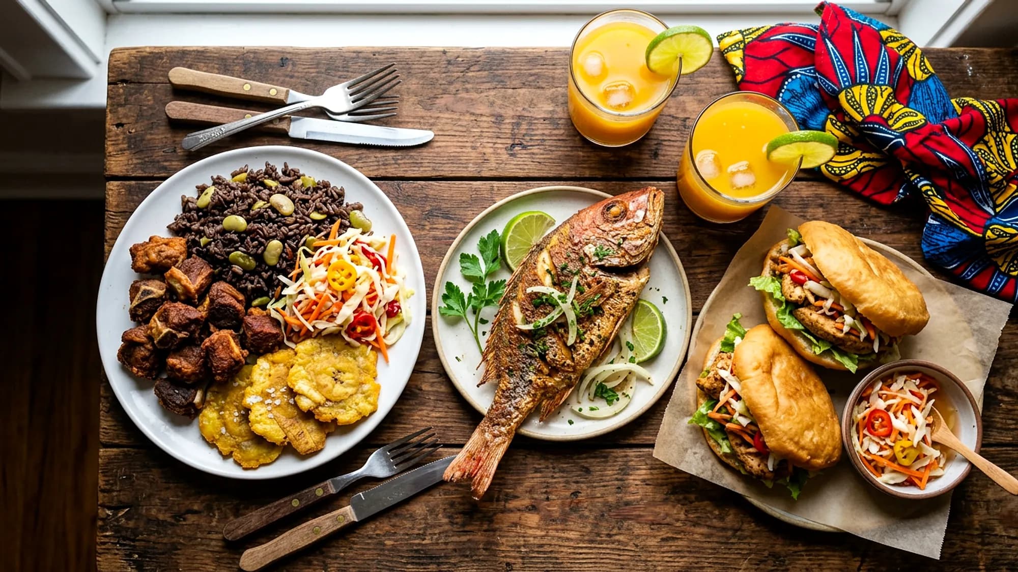 Table partagée chez Bazla : fritay de cabri, poisson frit, riz djondjon, bananes pesées, bokits et jus frais