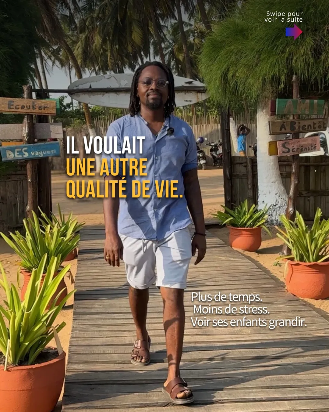 Joseph marche sur un ponton en bois : « Il voulait une autre qualité de vie. Plus de temps. Moins de stress. Voir ses enfants grandir. »