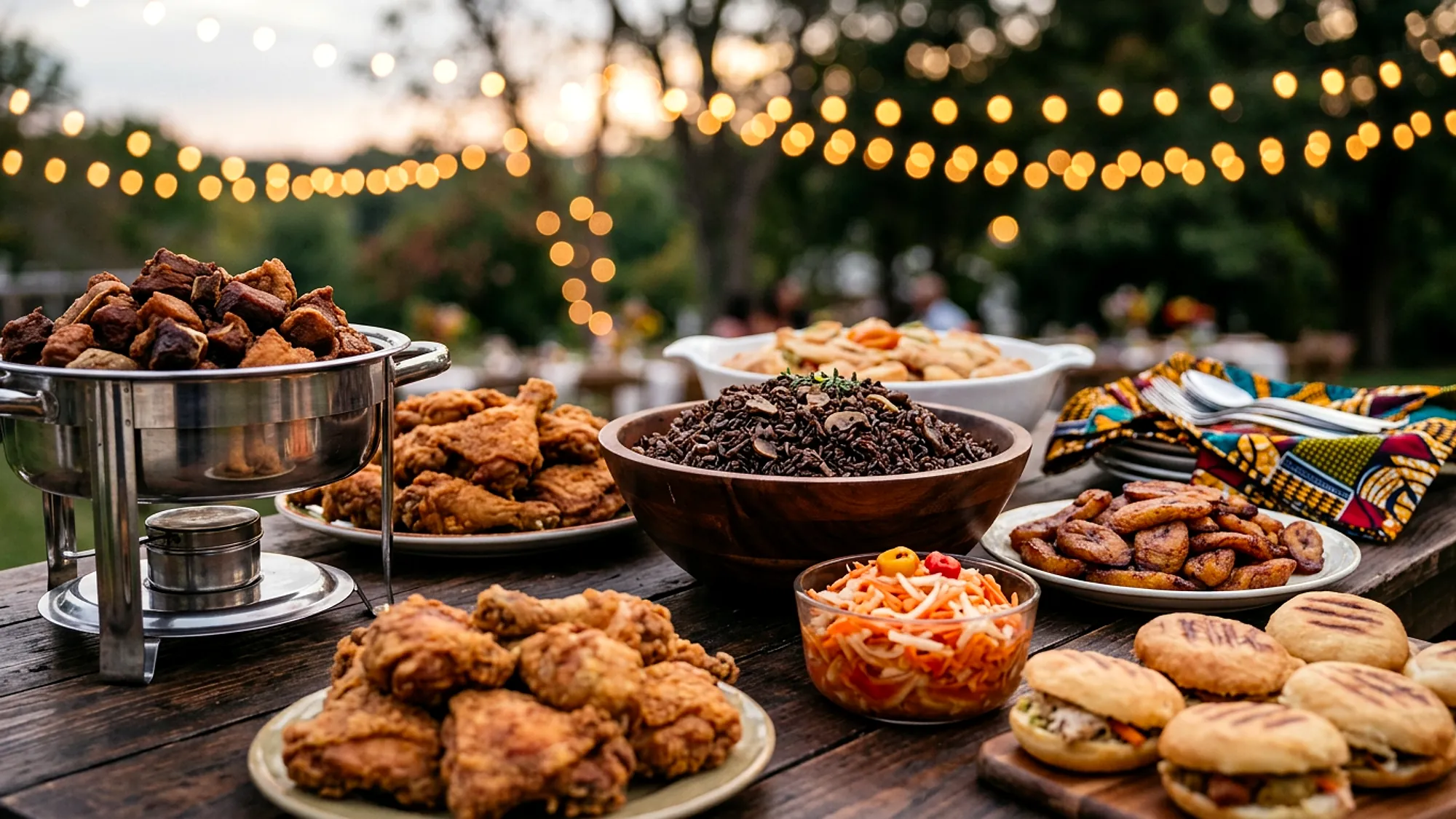 Buffet traiteur Bazla en soirée : cabri et poulet frits, riz djondjon, pikliz, bananes pesées et bokits